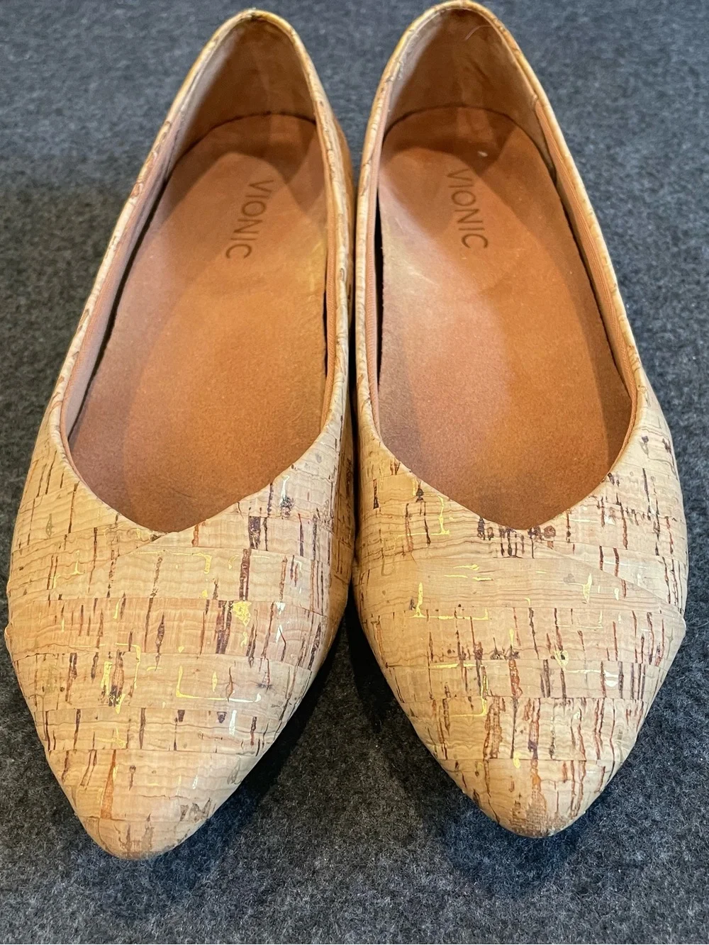 Vionic Pointed Cork-Textured Flats with Gold Flecks - Tan